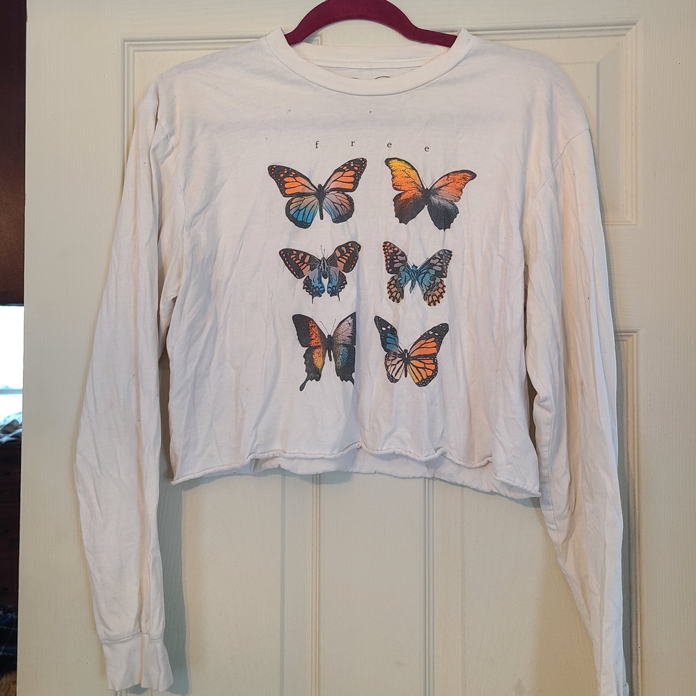 White Long Sleeve Butterfly Crop Top